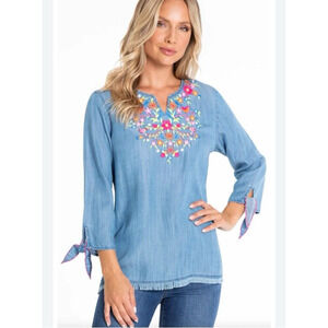 Multiples Light Blue Embroidered Chambray Tunic